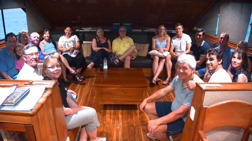 140308 49a Back on board Flamingo 1 for final dinner Team A and Team B United