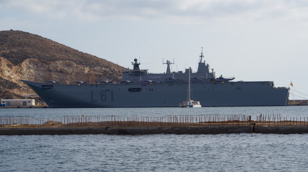 161016 24 Touring Cartagena with Charo Ian and Bruce Naval Ship coming in to harbour.jpg