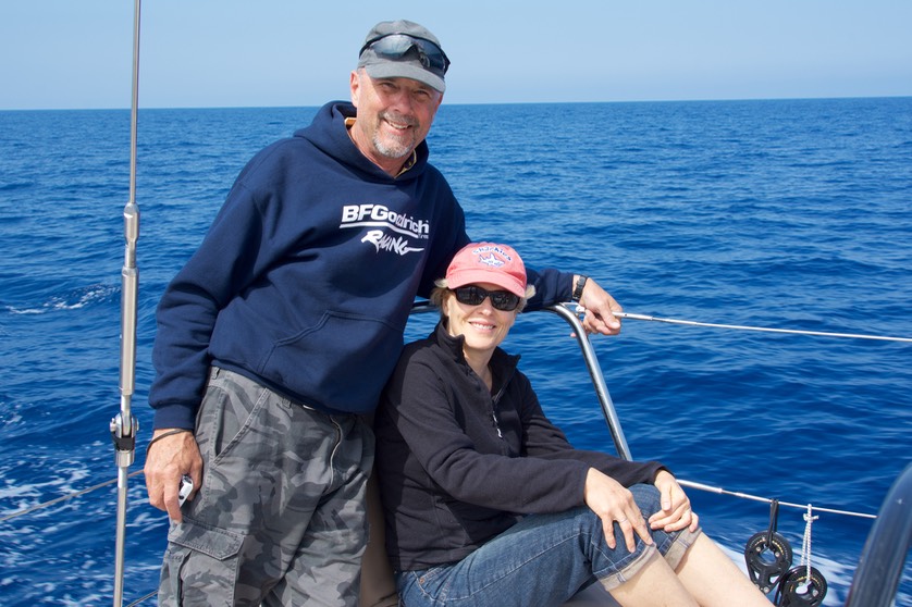 170413 3 Sailing Sant Antoni to anchorage Cala d'Albarca Dan and Kim